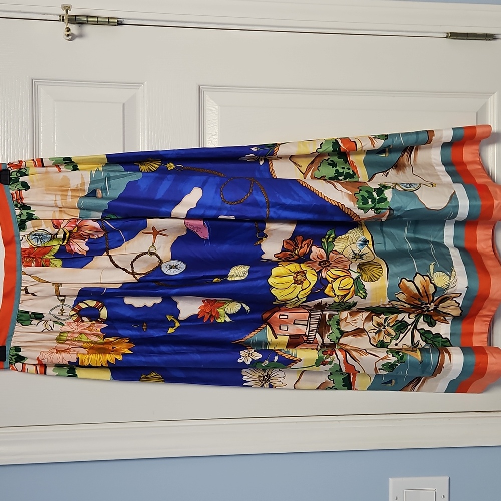 ANTONIO MELANI Evie Cotton A-line Maxi Skirt: Ocean Print: Size-14